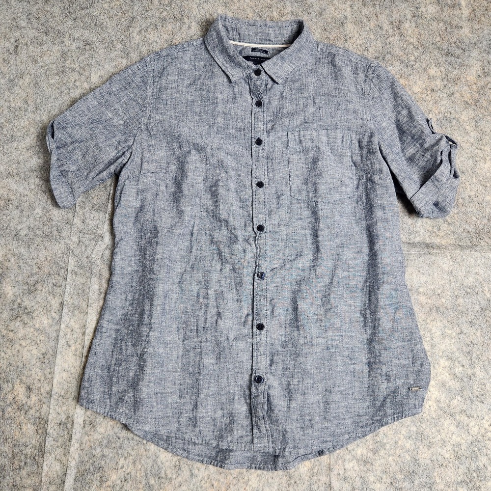 Tommy Hilfiger Linen Blend Shirt Men M Gray Heathered Roll Up Short Sleeves Prep